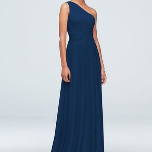 David’s Bridal Mesh One shoulder dress in Marine